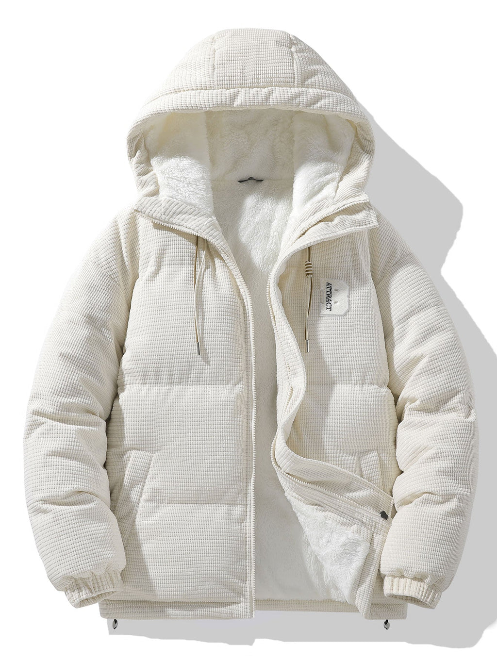 Men's Hooded Corduroy Puffer Jacket – Plush Teddy Fleece Lining with Padded Sleeves for Autumn and Winter