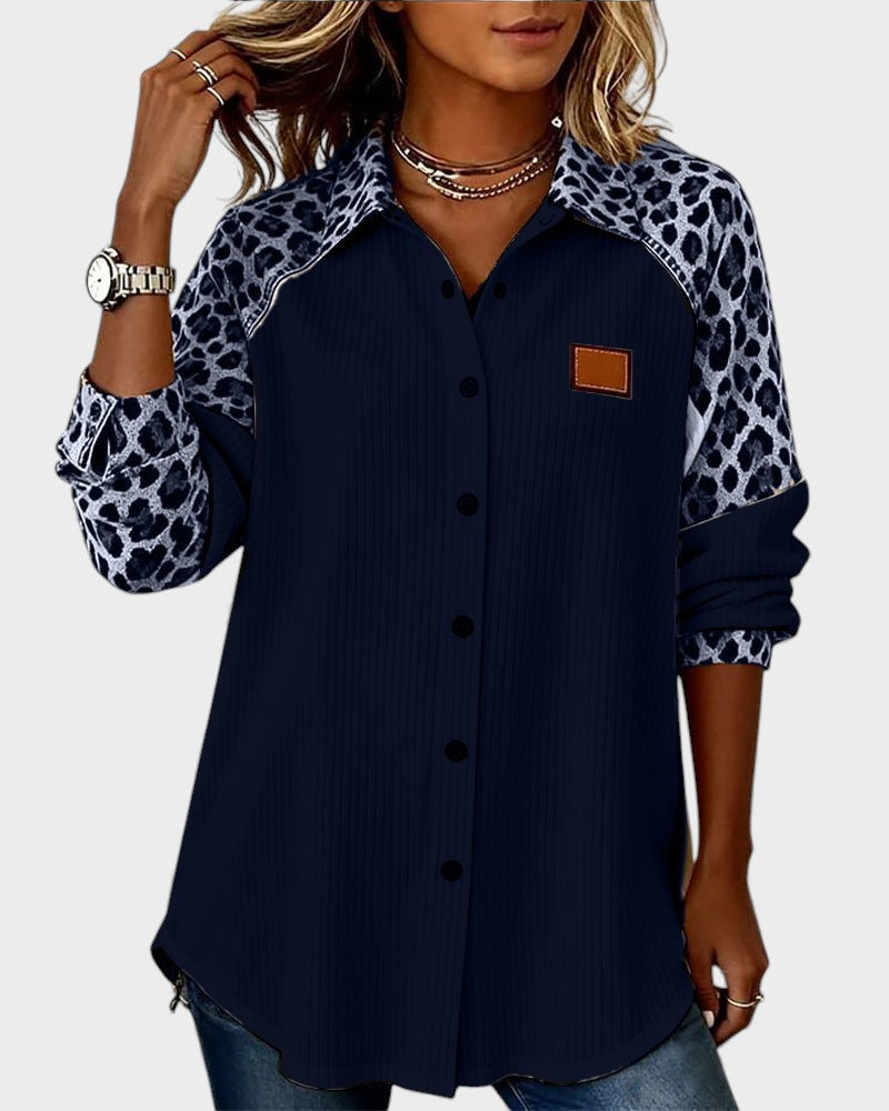Women's Casual Ribbed Button-Up Shirt with Printed Sleeves and Collar – Relaxed Long Sleeve Top for Autumn and Everyday Wear