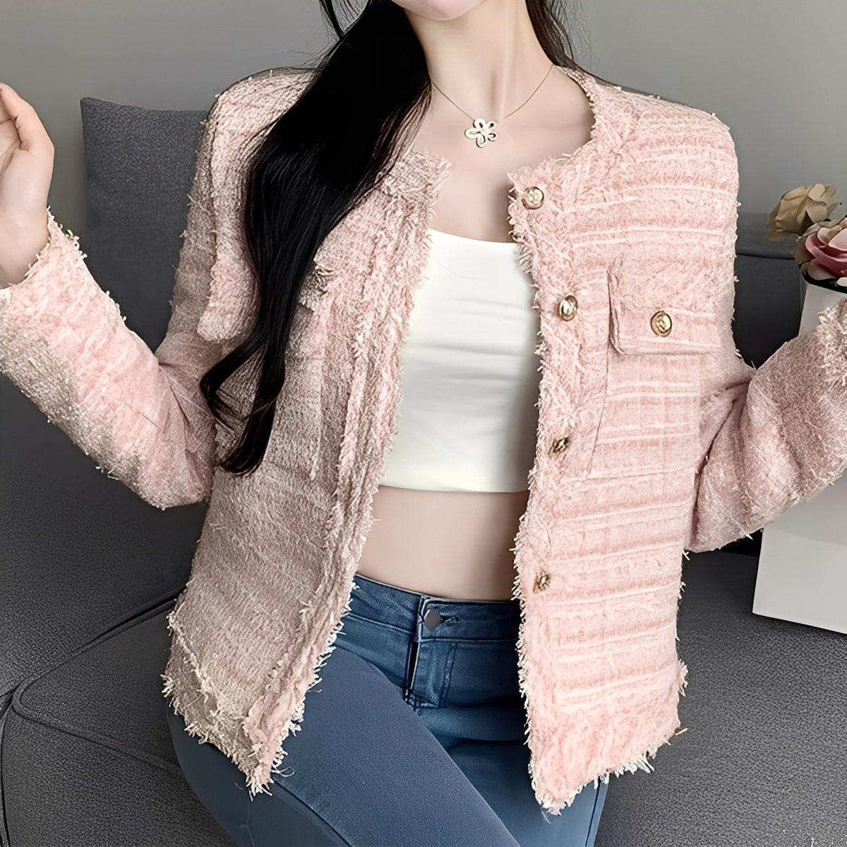 Women’s Cropped Bouclé Tweed Jacket with Gold Tone Buttons and Frayed Edges – Elegant Collarless Tailored Outerwear for Smart Casual Occasions