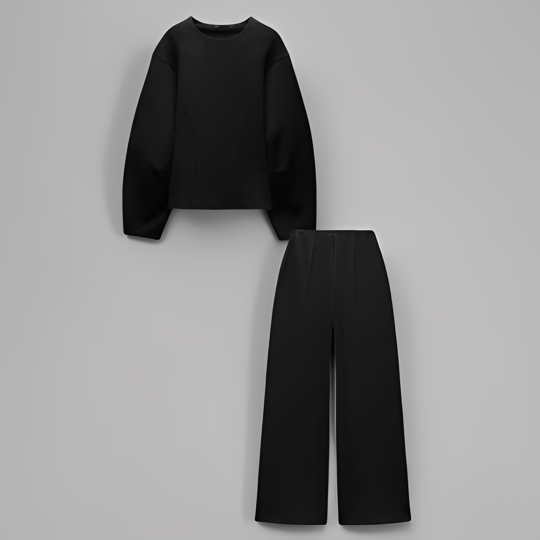 Women's Puff Sleeve Fitted Waist Top and Trousers Set – Elegant Structured Two-Piece Outfit for Smart Casual Occasions