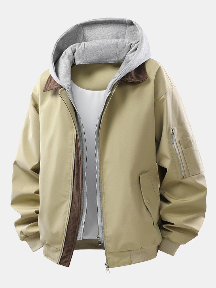 Men's Relaxed Fit Bomber Jacket with Detachable Hood – Contrast Corduroy Collar and Zip-Up Casual Outerwear for Spring and Autumn