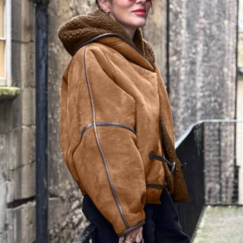 Women’s Suede-Look Teddy-Lined Hooded Jacket with Toggle Fastenings – Cosy Relaxed Winter Outerwear for Casual Everyday Wear