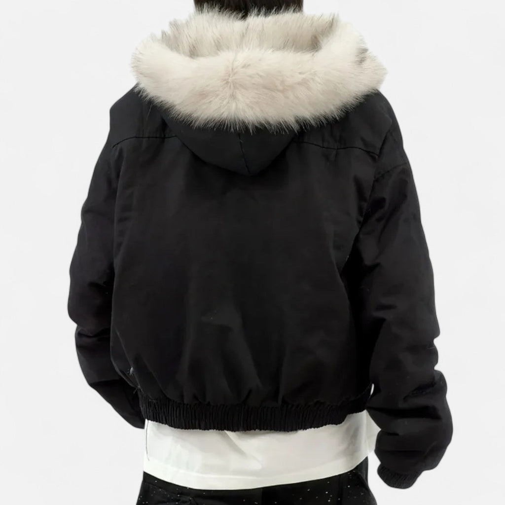 Women's Cropped Hooded Winter Bomber Jacket with Plush Fur Trim – Oversized Relaxed Fit Warm Casual Outerwear for Autumn and Winter