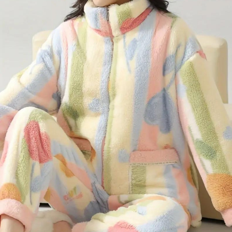 Women's Plush Fleece Zip-Up Jacket and Jogger Trousers Set – Cozy Colorful Two-Piece Loungewear for Autumn and Winter