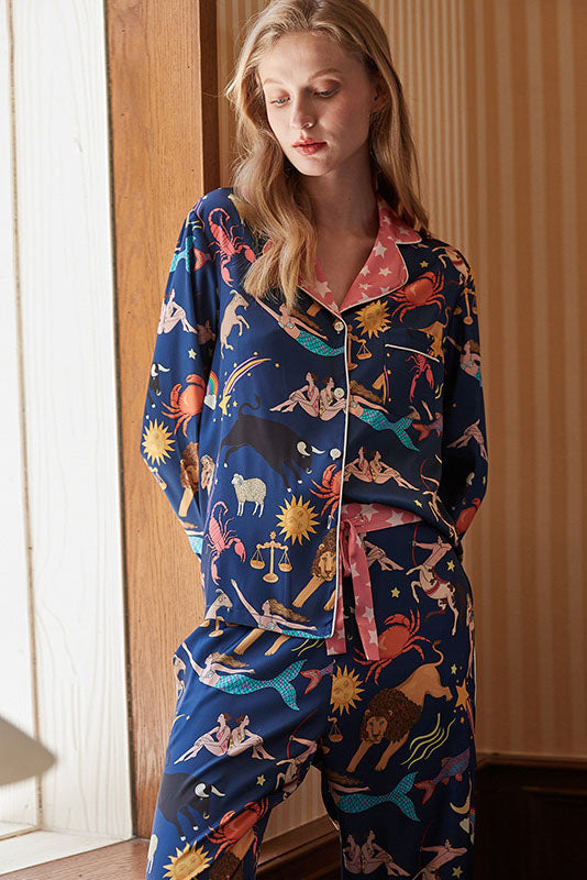 Coordinated Blue Constellation Long Sleeve Pajama Set