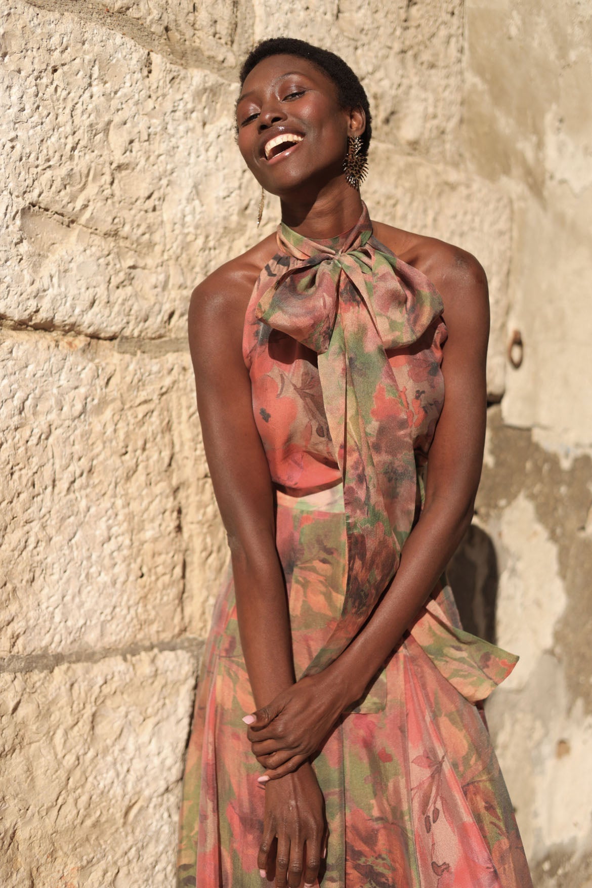 Halterneck Flower Maxi Skirt Set