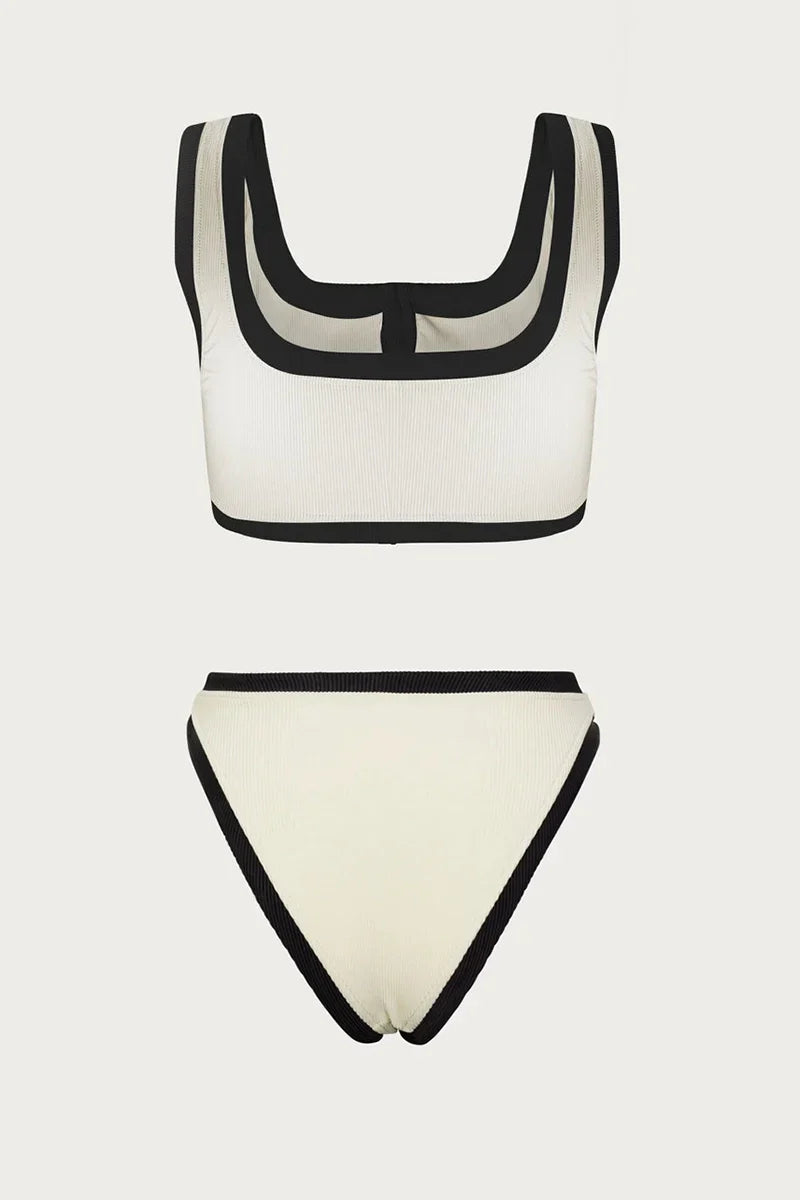 Refined Contrast Button Detail Two-Piece Swimsuit