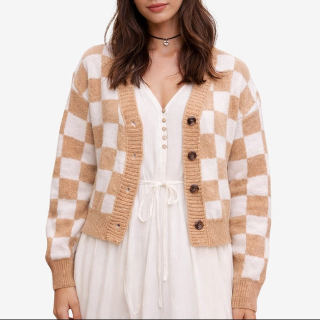 Women’s Checked Knit Cardigan with V-Neck Button Front – Soft Relaxed Layer for Autumn and Winter