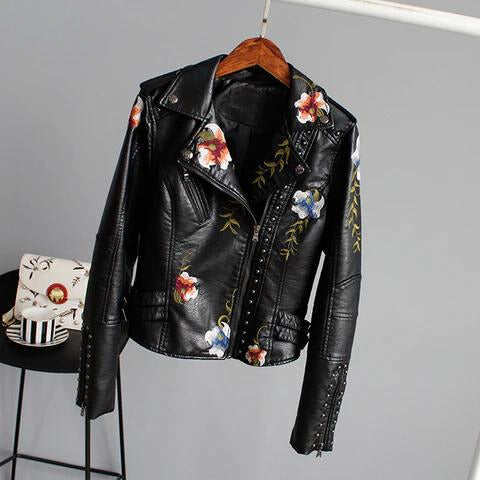 Modern Leather Jacket with Floral Embroidery