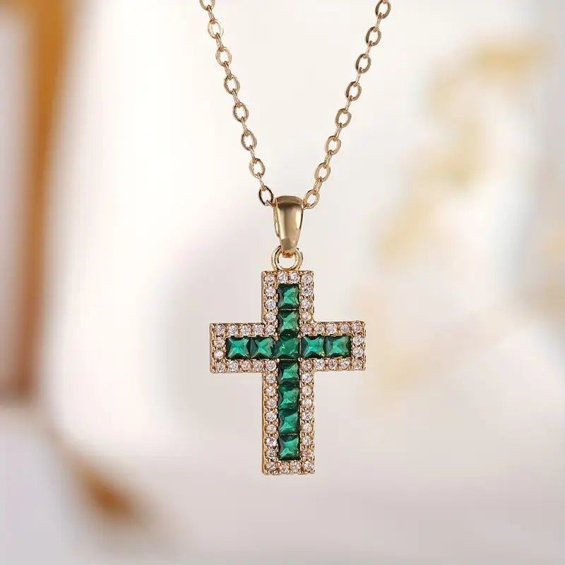 Gold Cross Necklace with Green Zirconia - Maelis
