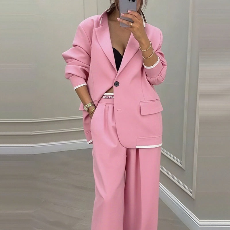 Women’s Elegant Tailored Blazer and Wide Leg Trouser Suit – Relaxed Fit Two-Piece Formal Outfit for Office and Smart Casual Wear