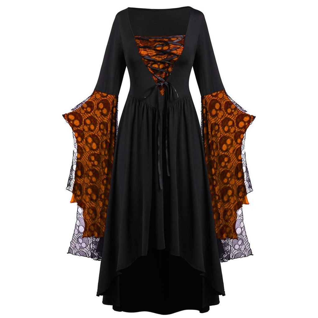 Women's Lace Sleeve High-Low Maxi Dress – Square Neck Lace Up Evening Dress for Themed Parties and Special Occasions