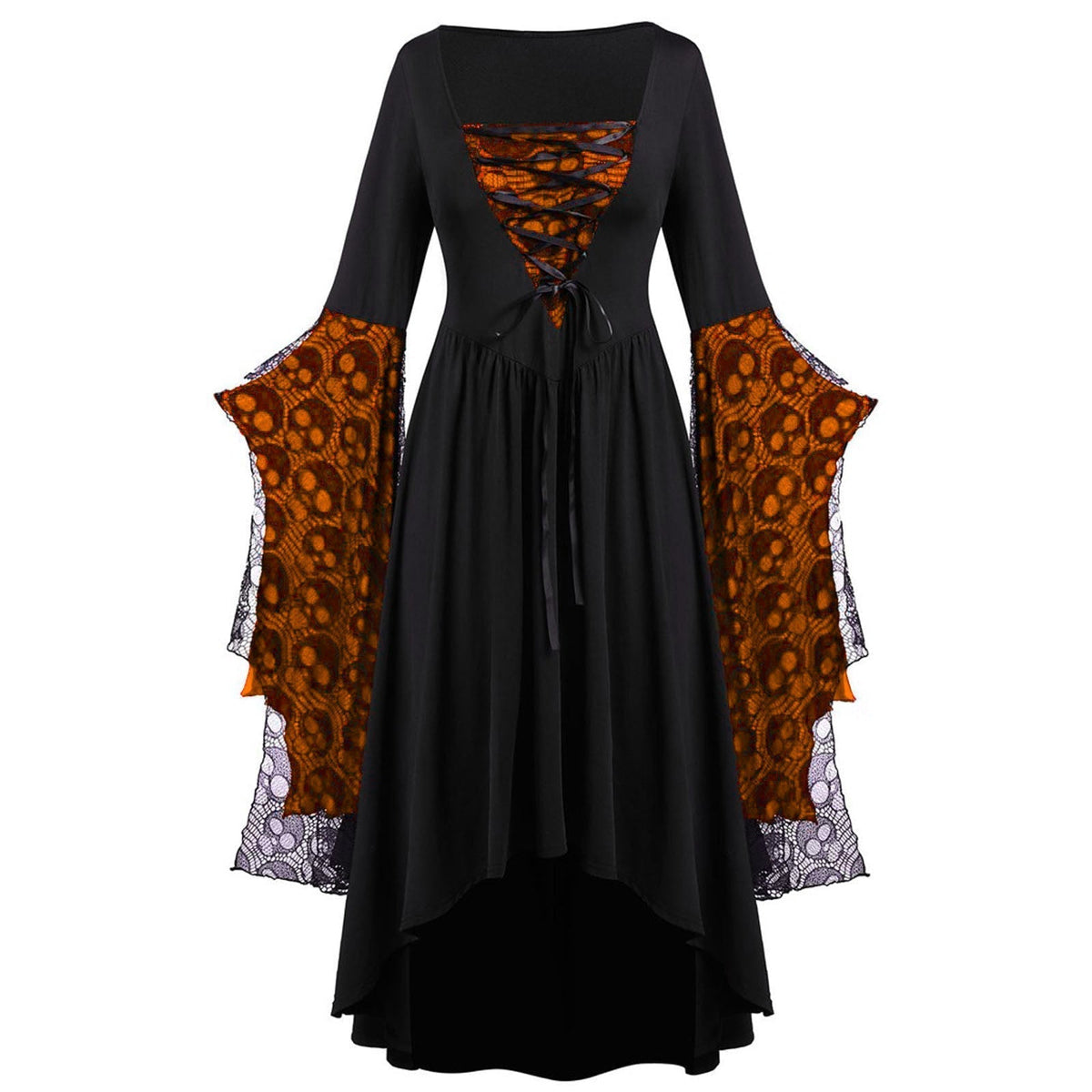 Women's Lace Sleeve High-Low Maxi Dress – Square Neck Lace Up Evening Dress for Themed Parties and Special Occasions