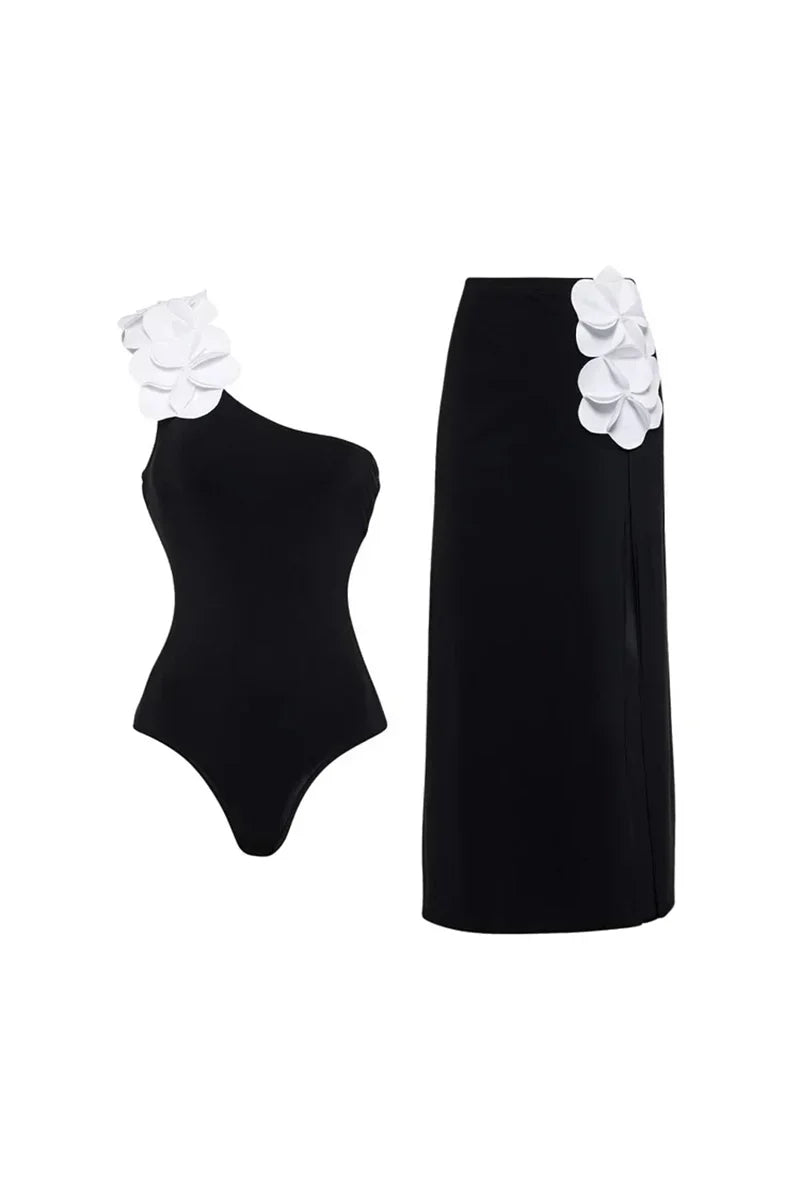 3D Flower One-Shoulder Black Swimsuit