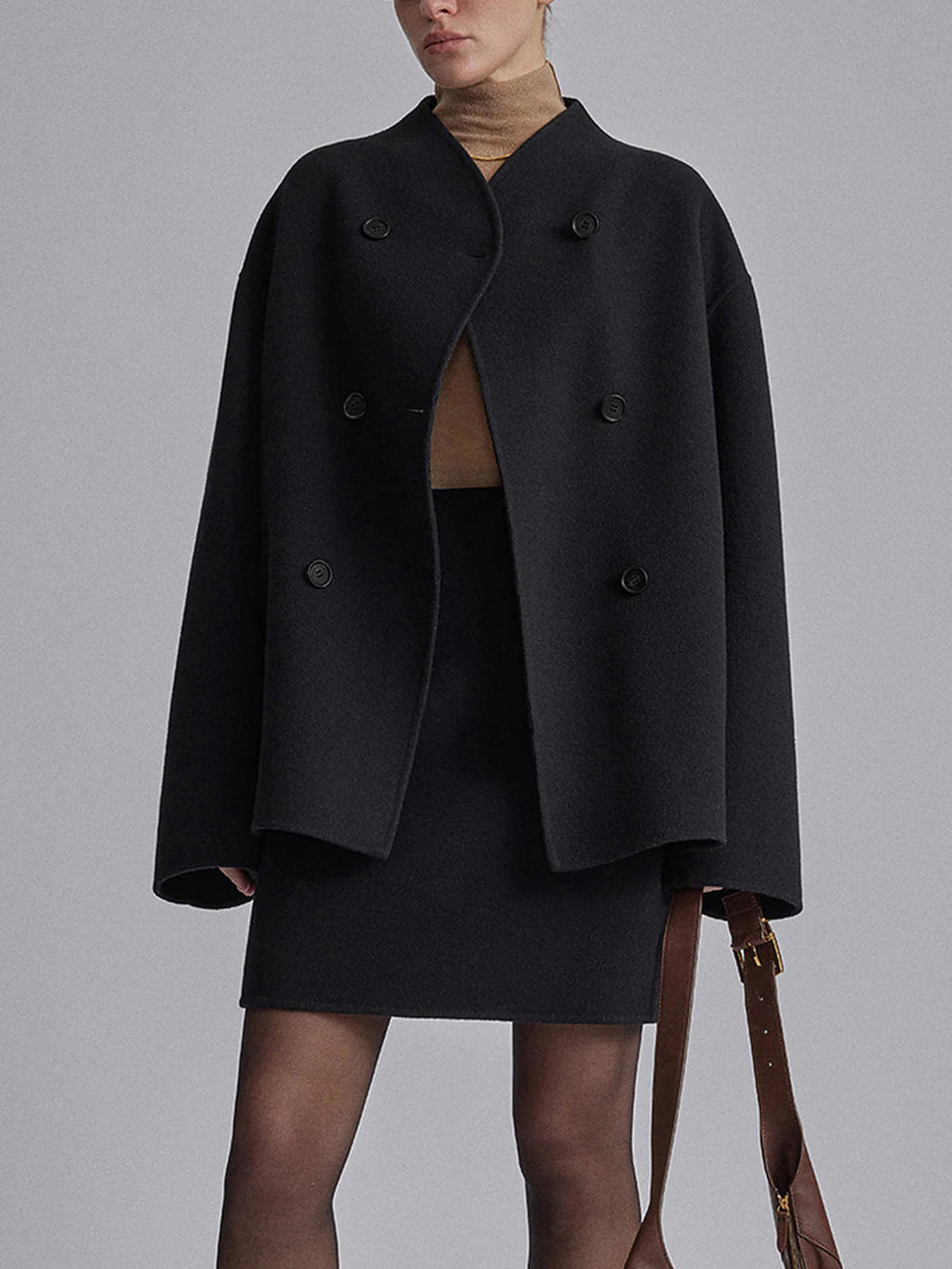 Women's Oversized Double-Breasted Short Coat with High Stand Collar – Relaxed Tailored Jacket for Elegant Office Wear and Smart Casual Autumn Winter Outfits