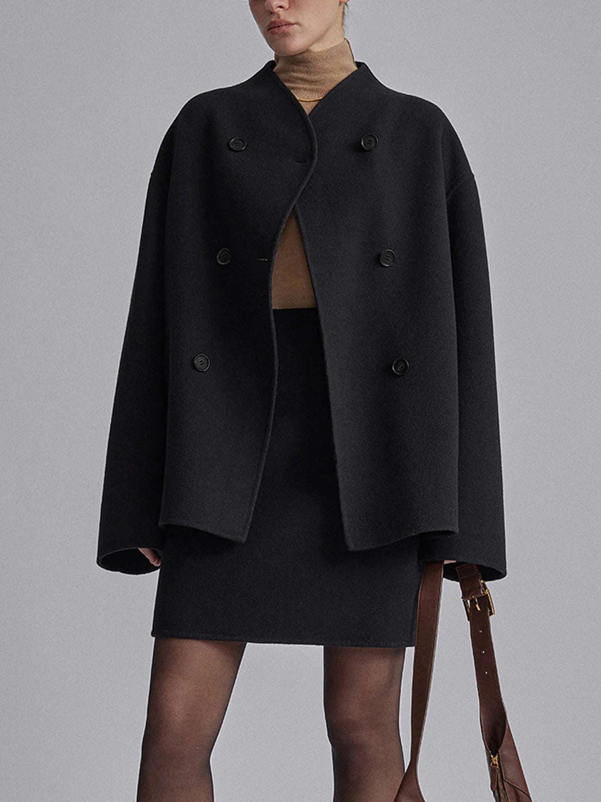 Women's Oversized Double-Breasted Short Coat with High Stand Collar – Relaxed Tailored Jacket for Elegant Office Wear and Smart Casual Autumn Winter Outfits