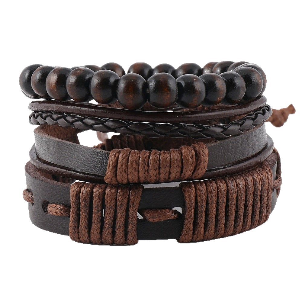 Men's 3-Piece Tribal Waxed Cord and Leather Bracelet Set - Terrakai