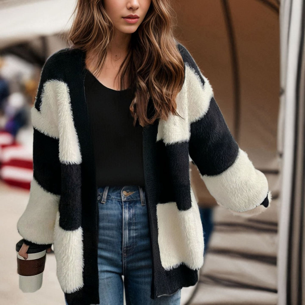 Women's Fluffy Colour Block Open Front Cardigan – Relaxed Long Sleeve Soft Plush Knitted Cardigan with Ribbed Trim for Autumn and Winter Layering