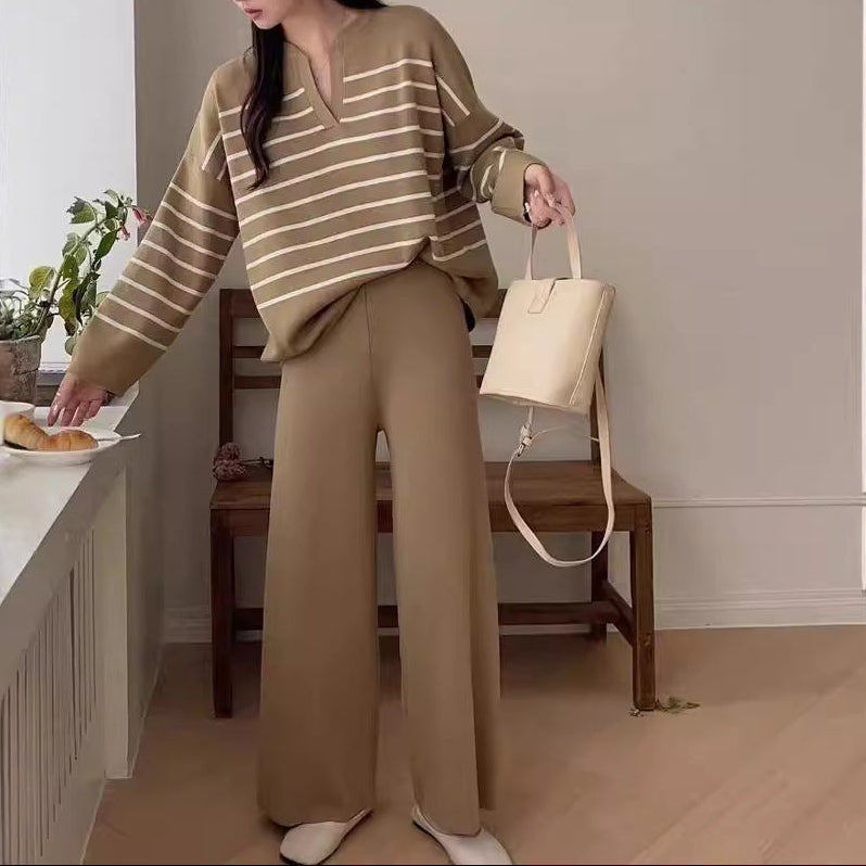 Women's Striped V-Neck Knitted Top and Wide-Leg Trousers Set – Relaxed Two-Piece Outfit for Autumn and Winter