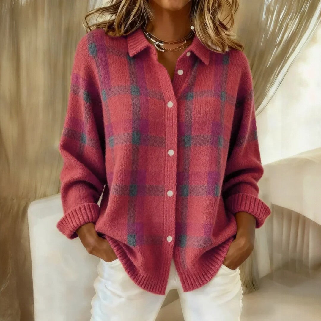 Women's Soft Plaid Knitted Cardigan with Button Front – Relaxed Long Sleeve Collared Cardigan with Ribbed Cuffs for Autumn and Winter Layering