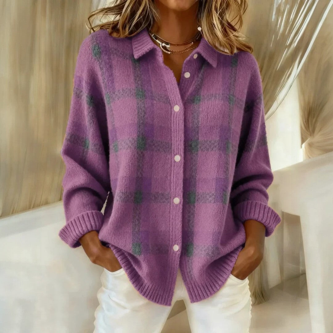 Women's Soft Plaid Knitted Cardigan with Button Front – Relaxed Long Sleeve Collared Cardigan with Ribbed Cuffs for Autumn and Winter Layering