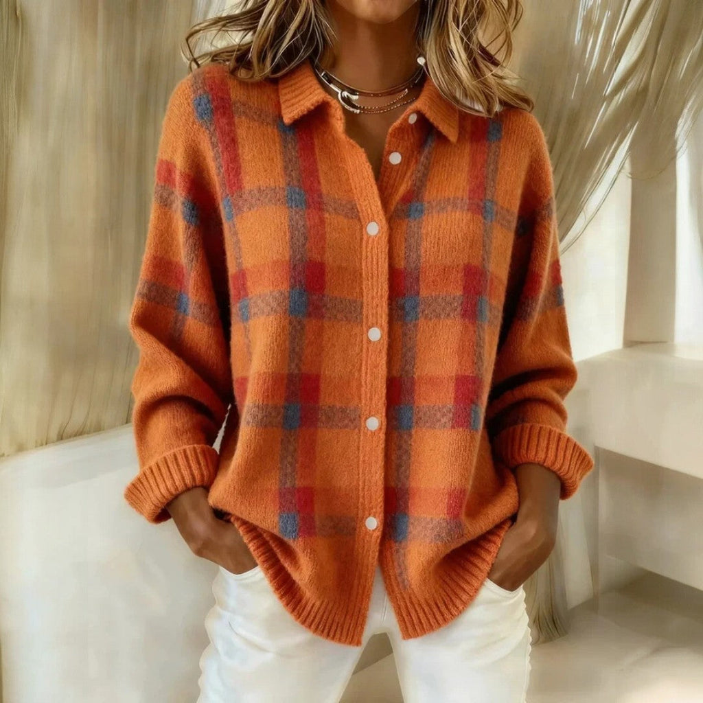Women's Soft Plaid Knitted Cardigan with Button Front – Relaxed Long Sleeve Collared Cardigan with Ribbed Cuffs for Autumn and Winter Layering