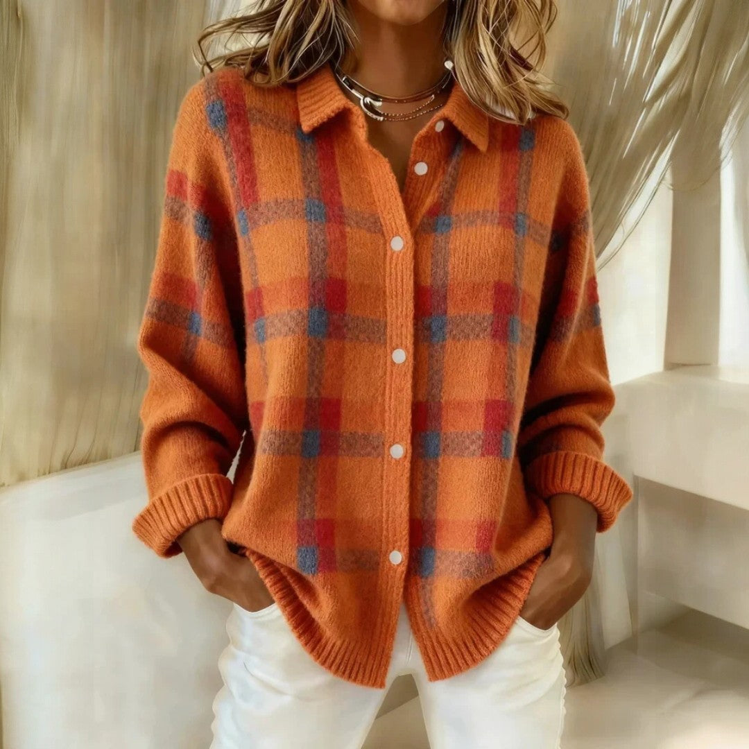 Women's Soft Plaid Knitted Cardigan with Button Front – Relaxed Long Sleeve Collared Cardigan with Ribbed Cuffs for Autumn and Winter Layering