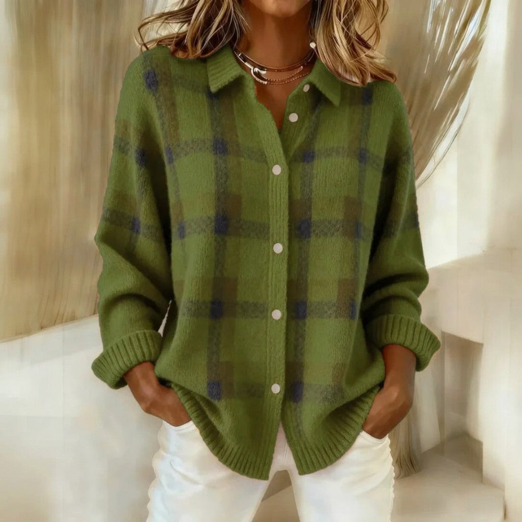 Women's Soft Plaid Knitted Cardigan with Button Front – Relaxed Long Sleeve Collared Cardigan with Ribbed Cuffs for Autumn and Winter Layering