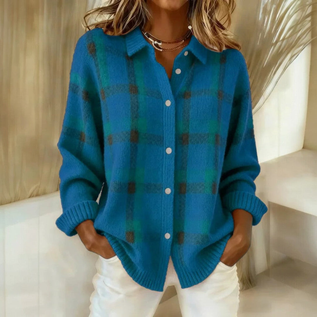 Women's Soft Plaid Knitted Cardigan with Button Front – Relaxed Long Sleeve Collared Cardigan with Ribbed Cuffs for Autumn and Winter Layering