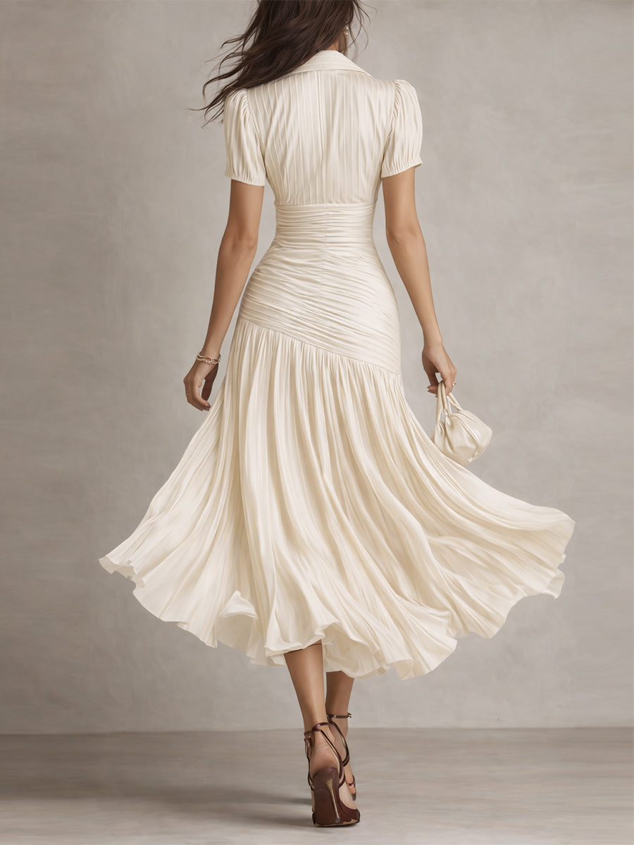 Adriana - Short Sleeve Pleated Retro Striped Satin Midi Dress