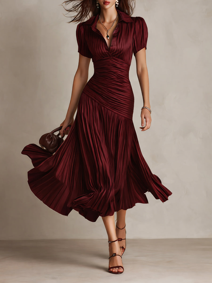 Adriana - Short Sleeve Pleated Retro Striped Satin Midi Dress