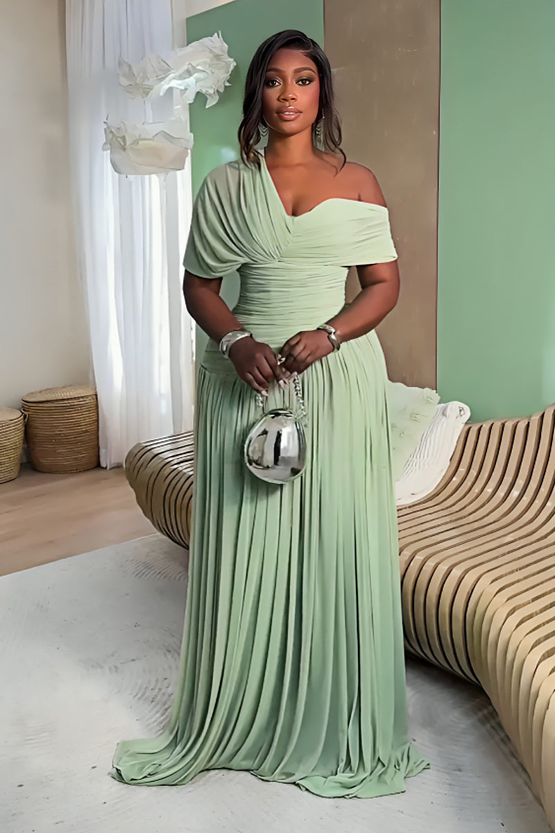 Mint Green Pleated Maxi-Length Dress