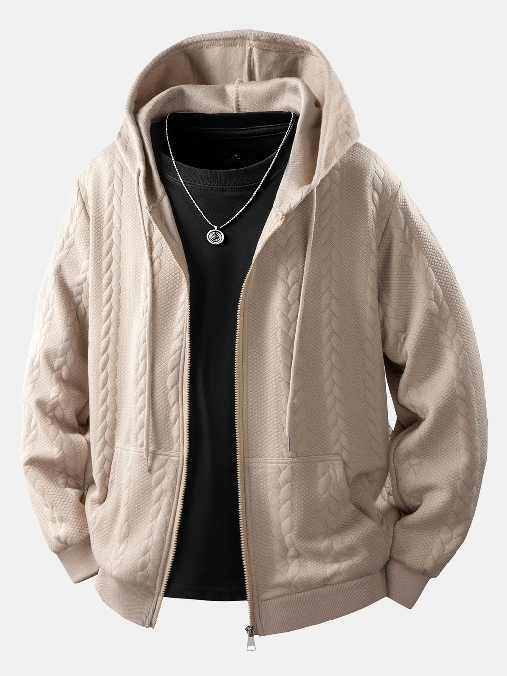Men's Cable Jacquard Zip-Up Hoodie – Textured Long Sleeve Hooded Sweatshirt with Drawstrings and Pockets for Casual Everyday Wear