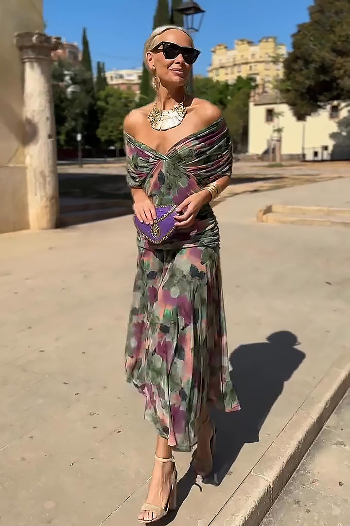 Refined V-Neck Fantasy Painted Flower Print Party Maxi-Length Dress