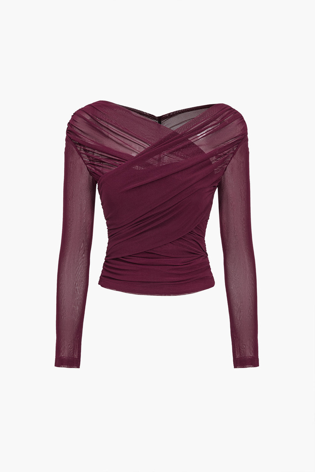Women's Elegant Ruched Mesh Blouse – Sheer Long Sleeve Wrap Style Top for Evening and Smart Casual Wear