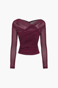 Women's Elegant Ruched Mesh Blouse – Sheer Long Sleeve Wrap Style Top for Evening and Smart Casual Wear