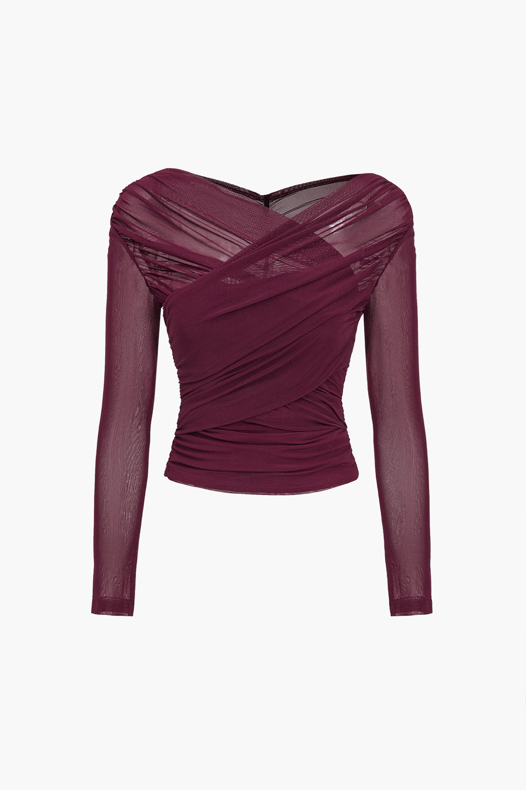 Women's Elegant Ruched Mesh Blouse – Sheer Long Sleeve Wrap Style Top for Evening and Smart Casual Wear