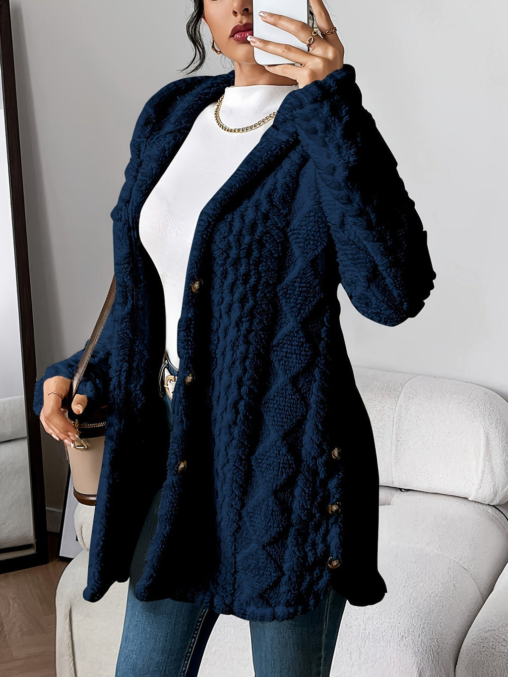 Women’s Longline Textured Knit Cardigan with Button Front – Relaxed Warm Layer for Autumn and Winter