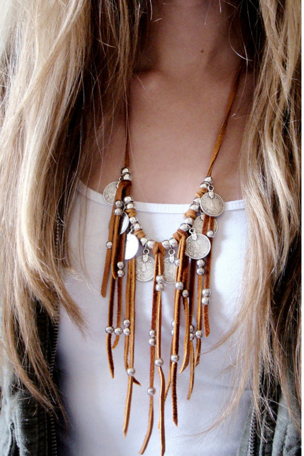 Boho Suede Coin Beaded Tassel Necklace