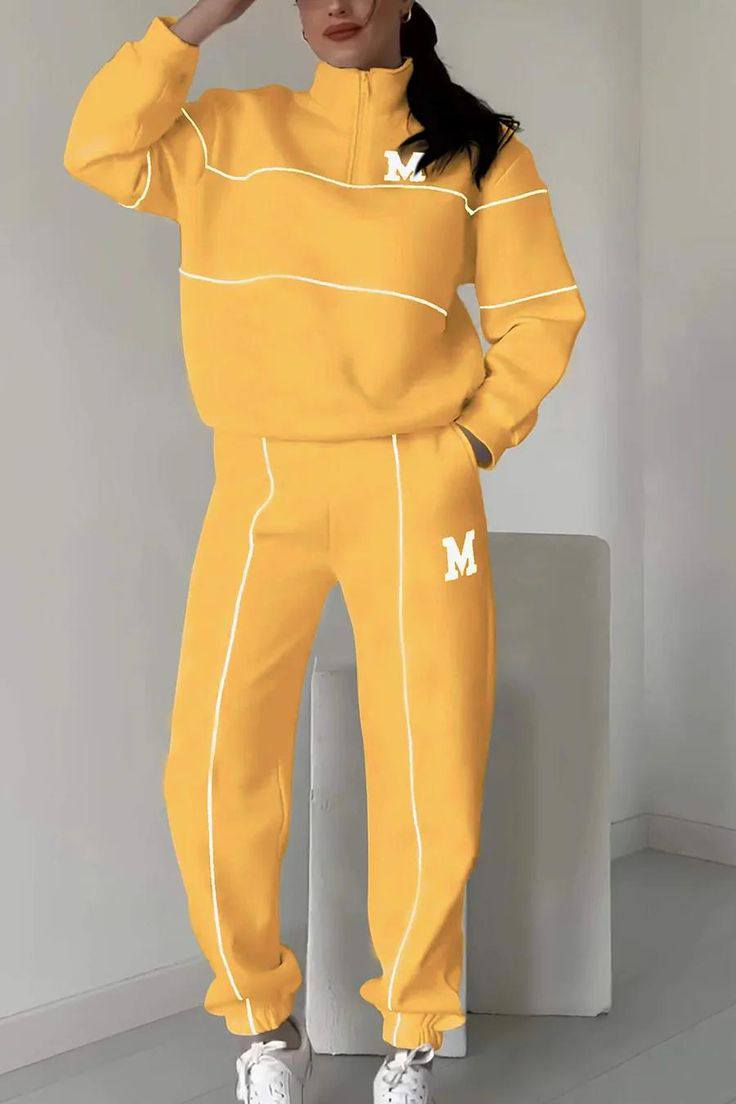 Women’s Half-Zip Sweatshirt and Jogger Set – Relaxed Fit with Contrast Piping and Embroidered Letter Details