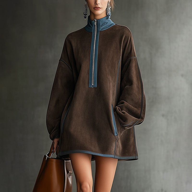Women's Autumn And Winter Western Retro Suede Fabric Loose Relaxed Stand Collar Zipper Decoration Dress