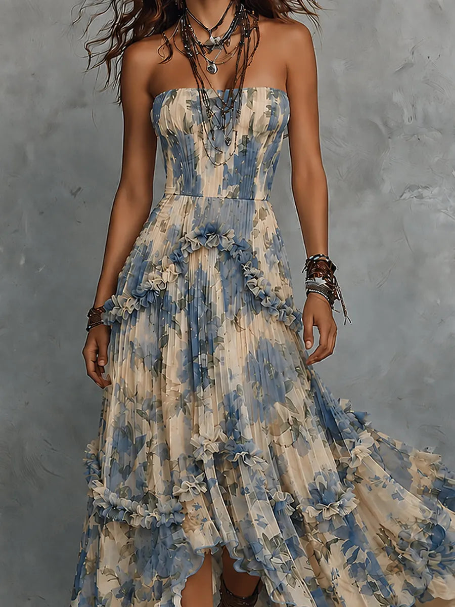 Veronica - Elegant strapless printed chiffon maxi dress with ruffles