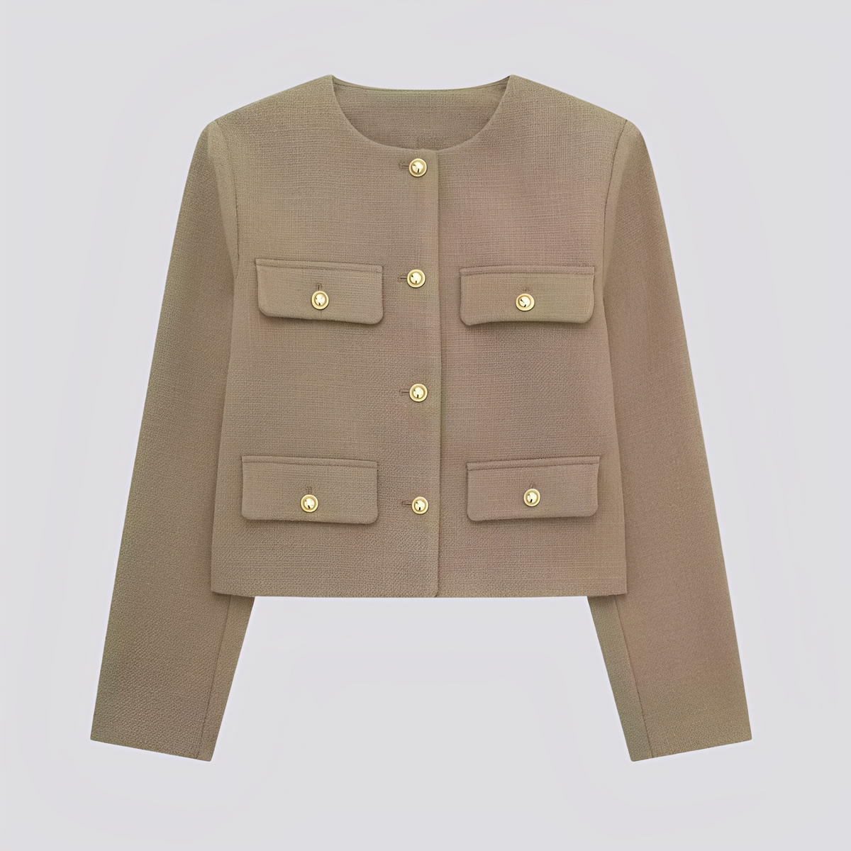 Women’s Cropped Collarless Jacket with Decorative Buttons and Flap Pockets – Elegant Tailored Layer for Smart Casual Wear