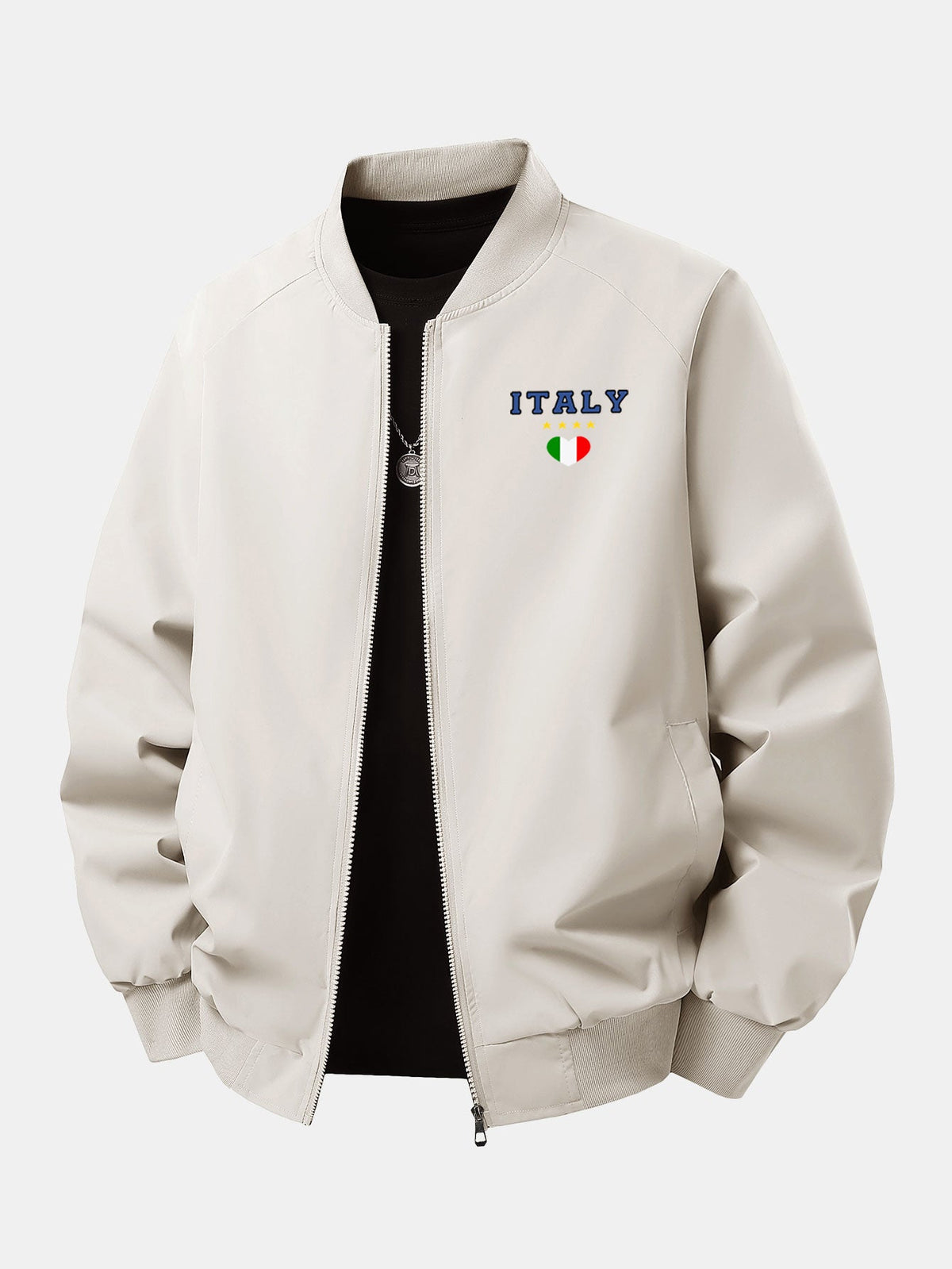 Men's Italy Graphic Bomber Jacket – Relaxed Fit Zip-Up Casual Outerwear with Ribbed Trims for Spring and Autumn
