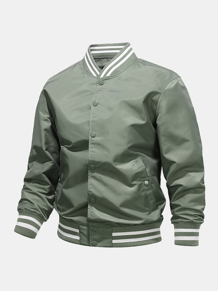 Men's Classic Baseball Bomber Jacket – Snap-Button Varsity Style Outerwear with Striped Ribbed Trims for Casual Spring and Autumn Wear