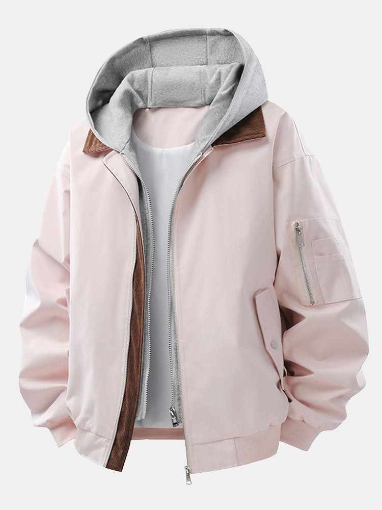 Men's Relaxed Fit Bomber Jacket with Detachable Hood – Contrast Corduroy Collar and Zip-Up Casual Outerwear for Spring and Autumn