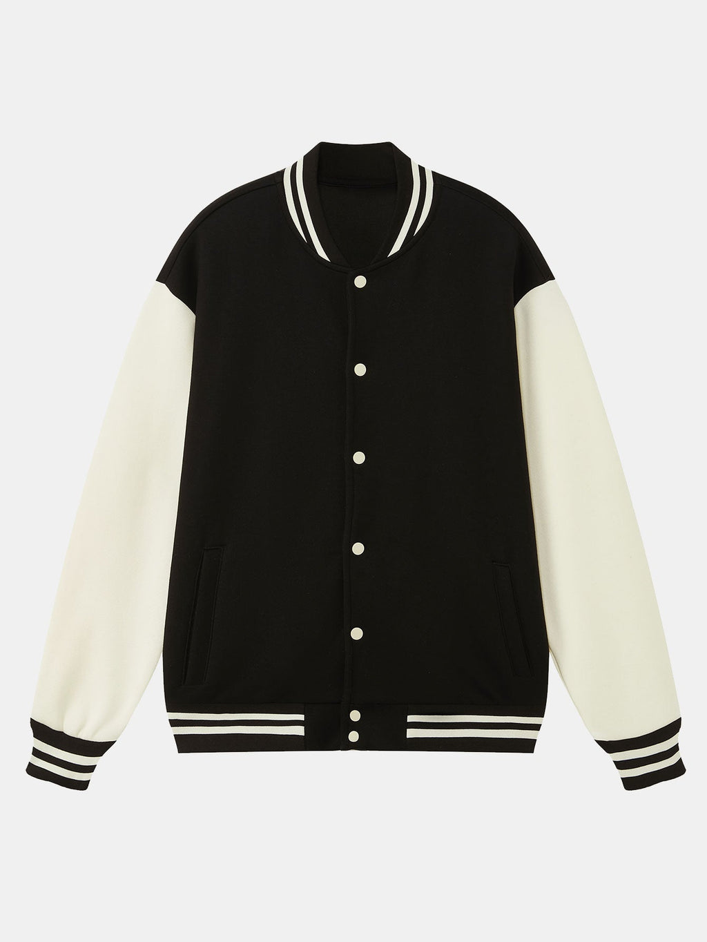 Men's Contrast Sleeve Varsity Baseball Jacket – Classic Cotton Snap-Button College Outerwear with Striped Ribbed Trims for Spring and Autumn