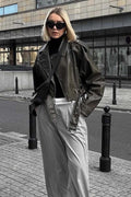 Modern Cropped leather jacket with offset zipper collar