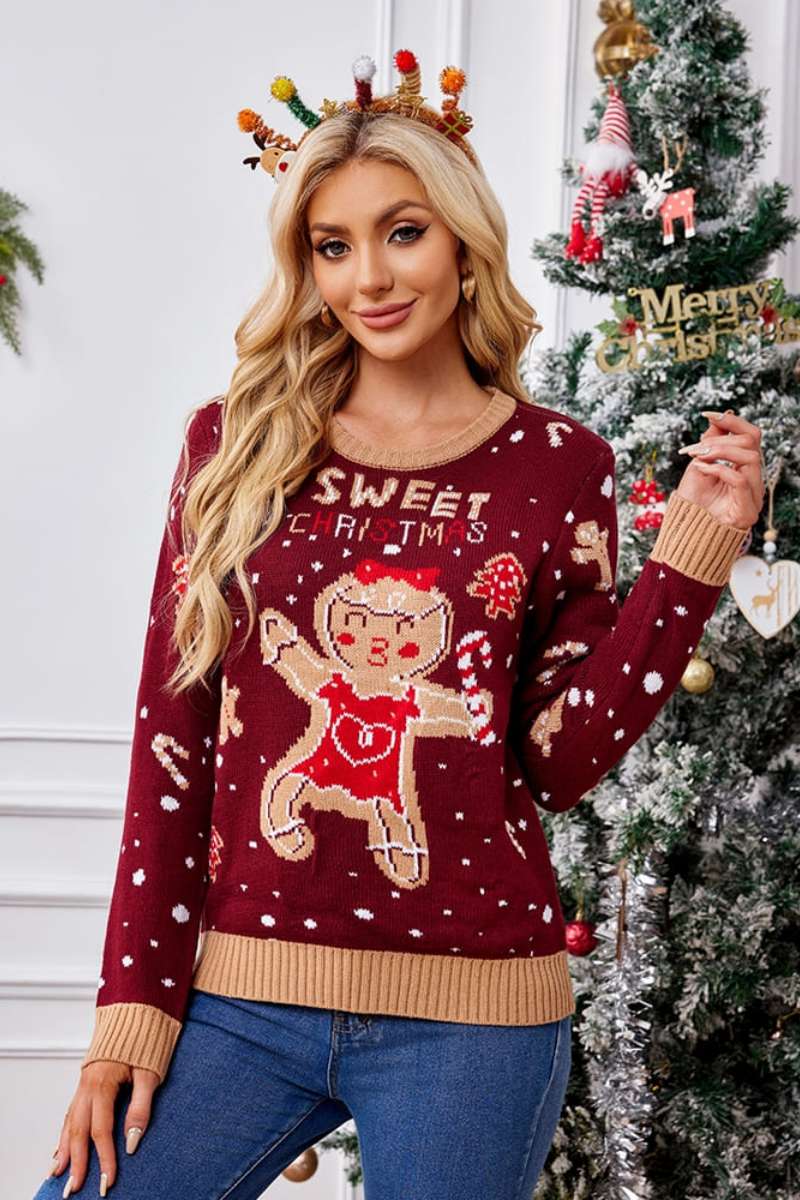 Relaxed Crew Neck Embroidered Knit Sweater Gingerbread Man