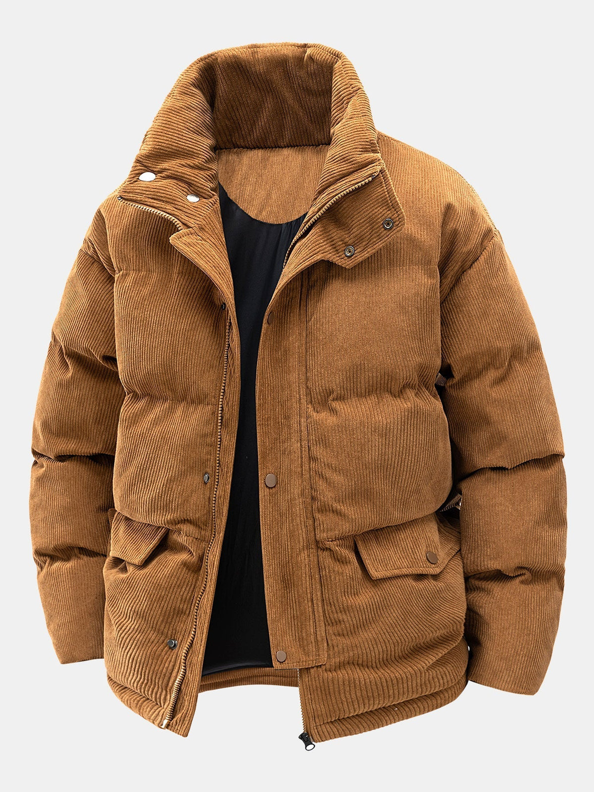 Men's Corduroy Puffer Jacket – Warm Padded Winter Outerwear with High Stand Collar and Utility Pockets